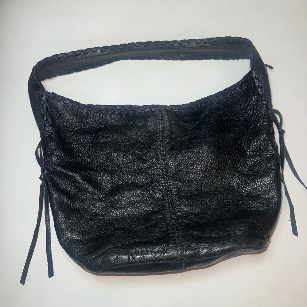 Y2K Lucky Brand Black Pebbled Soft Leather Hobo Shoulder Bag Purse Lace Up Sides